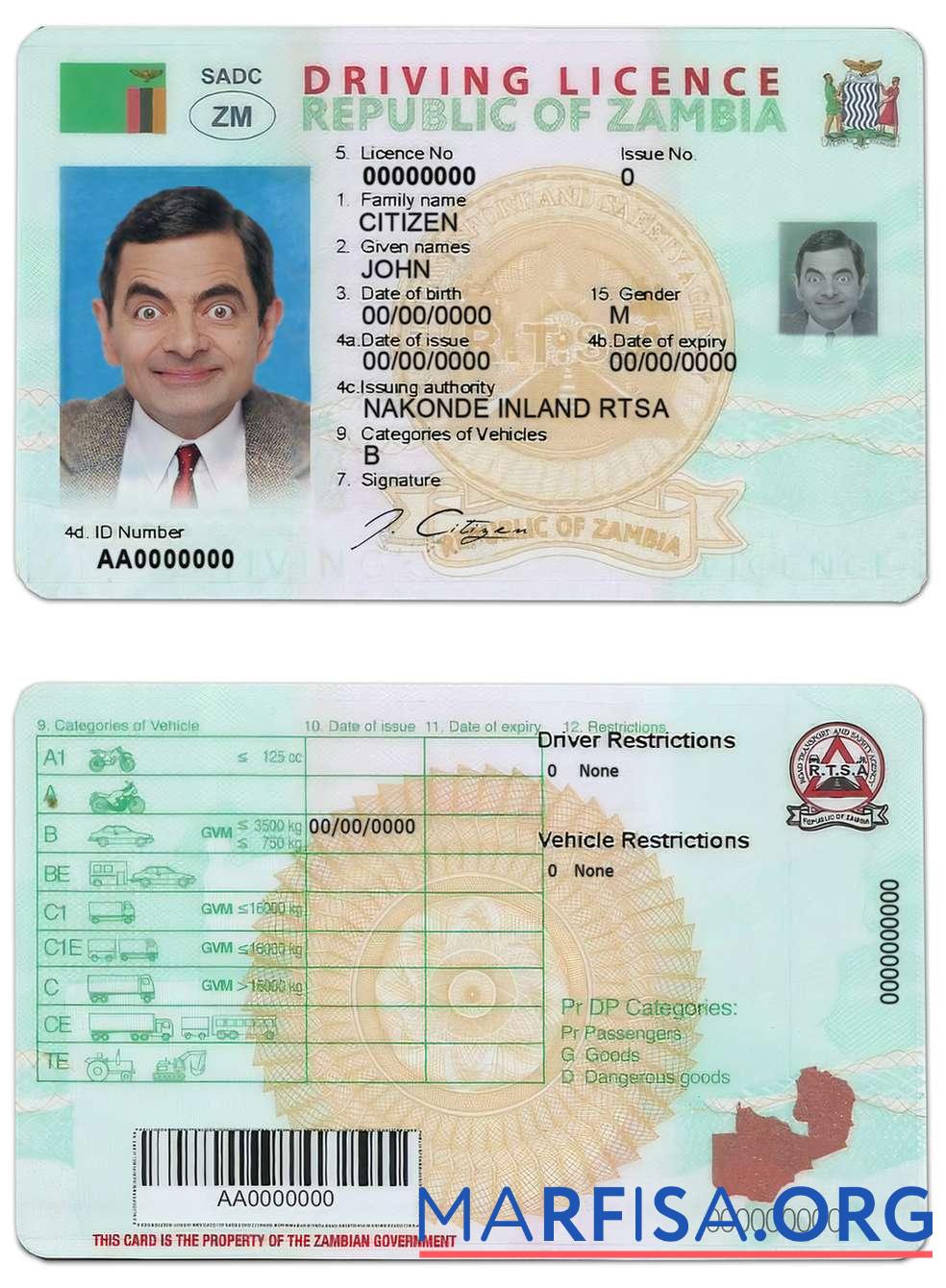 Blank Zambia driving license template